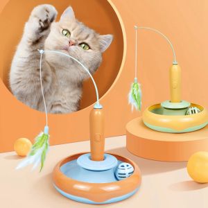 おもちゃ2 in 1電動猫スティックとトラックトイトイー回転インタラクティブキャッツおもちゃのトラックボールターンテーブルペット子猫面白いスティック