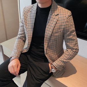 Jackor British Style Slim Fit Houndstooth Blazer Men 2022 Fashion Business Office Wedding Dress Sacka Högkvalitativ manlig blazrar