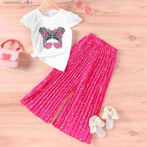 Conjuntos de roupas 2023 Summer Girls Cartoon Personalidade Introdução Imagem Camiseta de manga curta+calça de bolsa casual Duas peças Conjunto 2-7y Childrens Q240425