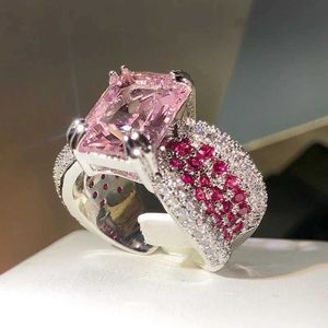 Band Rings 925 silver high-definition pink diamond ring female personality opening four-claw gemstone party birthday gift H240425
