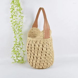 Bag Casual Hollow Stroh Frauen Umhängetaschen handgefertigtes Weidenweber -Hand Bags Sommer Beach Großer Tasche Big Eimer Geldbörsen