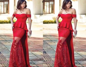 2019 Eleganckie czerwono długie sukienki wieczorne syreny z aplikacji na ramię koronkowa sukienka na bal mat