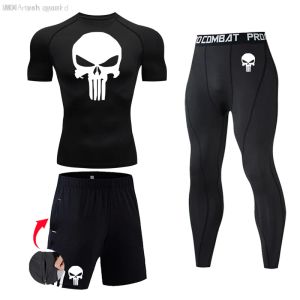 Ställer män Skull Compression Set MMA Kort ärm Tshirt Men's Sport Tights Pants Fitness Bodybuilding Clothes Work Out Running Suit