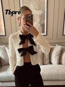 Modes paljetter bowknot snörning upp beskuren rockar kvinnor sexig långärmad glitter cardigan coat elegant kvinnlig festklubb ytterkläder 240424