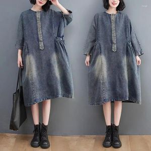 Casual Dresses Retro Blue Denim Dress Women's Spring 2024 Large Size Loose Waist Wrap Korean Vintage Jeans Vestidos Z4052