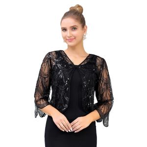 Cardigans Women's Sequins Hollow Lace Long Sleeve Shawl and Wraps Shrug Bolero Open Front Cardigan Jacket Bridal Wedding Wraps Cover Up