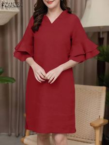 Zanzea Summer Elegant Half Sleeve Sundress Woman V-Neck Party Dresses Casual Solid Kne Length Robe Vintage Dress 240417