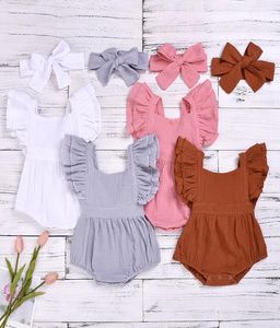 kids Rompers girls boys Ruffle Flying sleeve romperHeadbands newborn infant Solid color Jumpsuits summer baby Climbing clothing6476008