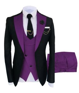 Suits Szmanlizi 2022 Purple Black Men Suits 3 Pieces Dress Wedding Groom Tuxedos Groomsmen Slim Fit Best Man Party Suits Brudgum