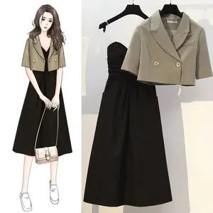 Sukienki robocze INOZKDG SUREK SUKINKOWA 2 PIECIE ZAKOŃCZENIE KOBIET Kobiety z krótkim rękawem Plizuj Koreańskie swobodne zestawy odzieży damskiej