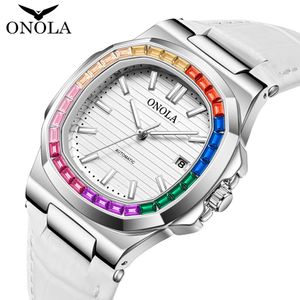 High Quality Rainbow Diamond Watch Men's ONOLA Cow Belt Waterproof Mechanical Watch