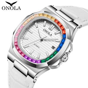 Hochwertiger Regenbogen Diamond Watch Herren Onola Kuhgürtel wasserdichte mechanische Uhr