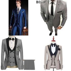 Grey Elegant Suit Prom smoking slim fit 3 pezzi (giacca+gilet+pantaloni) abiti da sposa da sposo per uomini Blazer personalizzato 201105 s