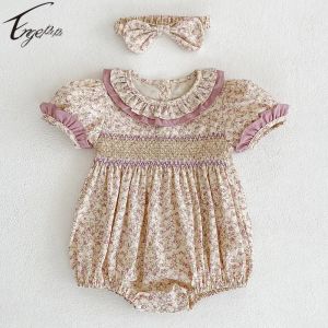 Enstycken koreansk stil sommarflickor rompers blommig jumpsuit baby flickor korta ärmar romper+hårband 2 st flickor prinsessan kläder