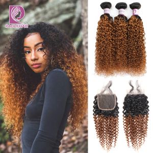 Wigs Racily Hair Ombre Brazilian Kinky Curly Bundles With Closure Remy Human Hair 3/4 Bundles With Closure 1B/30 Bundles With Closure