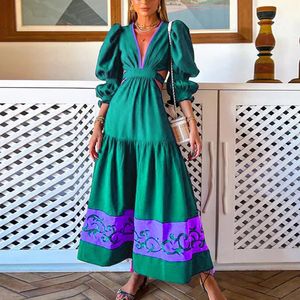 Kobiety boho imprezowe sukienki moda w de-de-de-neck puff rękawa elegancka pusta plastyka talii maxi 240417