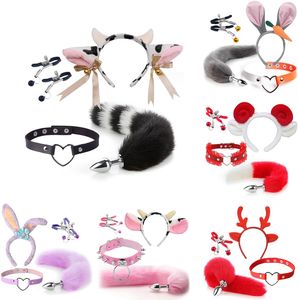 4 Pcs Set Fun Cow Sheep Antelope Rabbit Sexy Maid Tie Ear Hairpin SM Metal Tail Anal Plug. Cosplay Neck Chest Bondage Accessories Sex Toy for Women Female Men Male Unisex