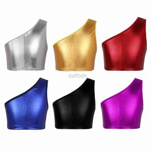 Stage Wear Kids Girls and Boys Child Child Sleeveless Shiny Metallic Crop Crop Top Jazz Dance Tops Stage Performance Costume Dance MODERN Dance D240425