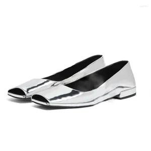 Sandaler Solid Women Silver Patent Open Square Toe Ladies Causal Slip on Pumps Offer Flat Shoes