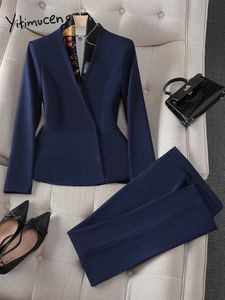 Yitimuceng Fashion Formell byxa passar kvinnor Fall Winter Office Damer Långärmning Slim Blazer and Trousers 2 Piece Set 240421