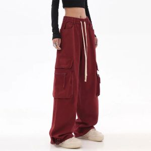 Capris Streetwear Vintage Hip Hop Oversize Calça de carga vermelha Mulheres Cantura elástica da perna larga Harajuku calças casuais 2023