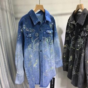 Kvinnor Bluses Women Stars Rhinestones Starry paljetter denim Cardigan Diamonds Moon Jeans Patel Beading Mid Length Cowboy Jacket