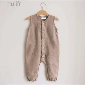 Rompers Summer Newborn Infant Baby Boys Romper Jumpsuit Solid Cotton Kids Playsuit Button Breasted Sleeveless Baby Clothes d240425