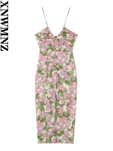 Vestido xnwmnz feminino linho de moda misto de estampa de flor férias de férias vneck tiras ajustáveis