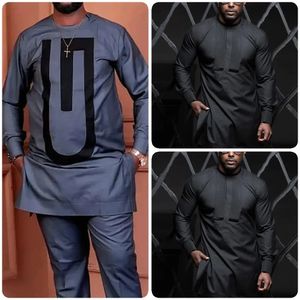 Kaftan elegant afrikanska mens set 2 stycken kläder långärmad etniska toppar och byxor bröllop prom dashiki tryckt full lyx 240409