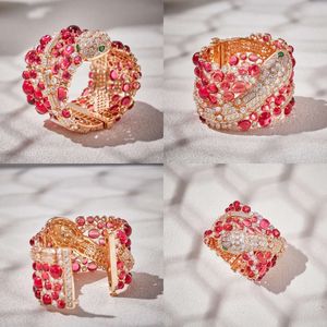 Designer Collection Style Wide Armband Bangle Women Lady Settings Diamond Red Beads Plated Gold Color Snake Serpent Snakelike Dinner Party