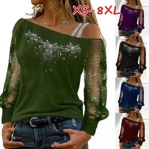 Kvinnor Fashion Casual Diagonal Collar Long Sleeve Tops Ladies Sexy Off Axel Loose T-Shirts Net Yarn Pullover Bluses 240416