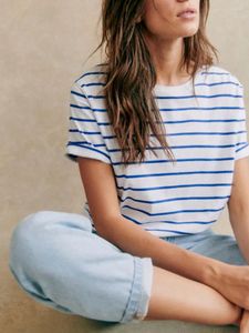 Women's T Shirts Women Short Sleeve Blue Striped Tee Tops Summer 2024 O-Neck Simple Casual T-Shirt For Female All-Match
