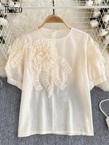 Damenblusen Design Dreidimensional Blumentife O-Neck Short Puff Slee T-Shirt Streetwear 2054 Sommer-Sheer-Shirt Inkeo 4t089