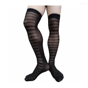 Men's Socks Black Thigh High Mens Sheer Formal See Through Half Cross Striped Male Long Tube Dress Suit Hose Stocking Sexy Lingerie