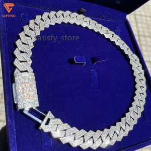 Lifeng jewelry 18mm 19inch full iced out moissanite cuban chain 925 sterling silver cuban link chain necklace men