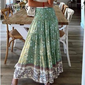 Skirts Boho Versatile Ladies Beach Beach Women Elastic High Waist Long Ethnic Style Floral Stampa casual floreale