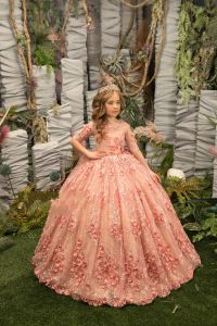 Rosa bollklänning Flower Girl Dresses Vintage Sheer Half ärmsapplikationer Pärlor Girls Pageant Gowns Toddler Kids Birthday Party Quinceanera Dress BC16710 0425