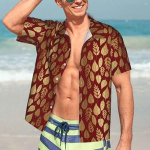 Camisas casuais masculinas Camisa de praia de folhas de praia dourada e macho havaiano vermelho Blouses frios de manga curta roupas estampadas elegantes