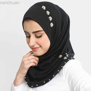 Hijabs Mulheres Instant Hijab Sconhab com Pearls Muslim Premium Jersey Cabeça Lenço de Turbano Sofra Femme Musulmane Interior Hijabs D240425