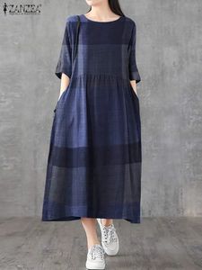 ZANZEA WOMEN COTTONT LINEN DROSES VINTAGE PLAID HALDI SLEEVE MIDI VESTIDOSカジュアルオナックロングサンドレス2023ホリデーポケットローブ240422