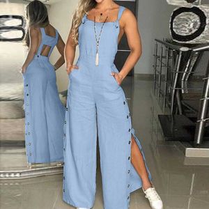 Women's Jumpsuits Rompers Womens summer sleeveless jumpsuit twisted knot cotton shoulder strap buttons open style womens jumpsuit loose pants with pockets Y240425