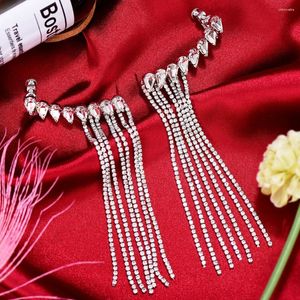 Studörhängen Godki 1Pair Long Tassels Ear Cuff Cubic Zirconia Women Wedding Party Movie Star Red Carpet Earring Boucle D'Oreill 2024