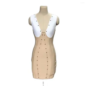 Casual Dresses High Quality White och Khaki Studded Beaded Sleeveless Celebrity Sexy Deep V Neck Women 2024 Est Bodycon Bandage