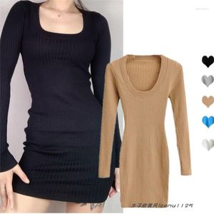 Casual Dresses Ins Internet Celebrity Basic U-Collar Big Chest Slim Fit Slimming Long Sleepes Sticked Hip Skirt Spring Base Dress