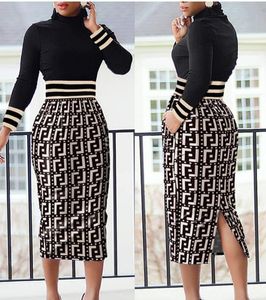 Summer Women's casual High necked split waistband wrapped hip dress business office OL style Bodycon Long Sleeve pencil fashion dresses skirt for girls lady