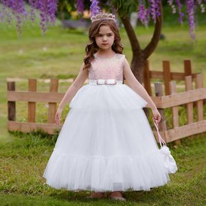 الصيف ترتر أبيض تول الفتيات اللباس Bridemaid Princess Kids Kids Party Dresses for Girl Bow Wedding First Compleinion Evening Costume