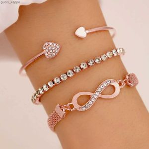 Beaded 3st Women Heart Open Armband Set Fashion Crystal Tennis Chain Bangle For Girls Trend Party Jewelry Accessories