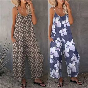 Kvinnors jumpsuits Rompers Summer New Womens tryckt Casual Sleeveless Loose Leg Jumpsuit Y240425