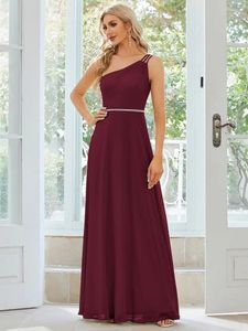 Party Dresses Elegant Evening One Shoulder Beaded Hidden Zipper 2024 Of BAZIIINGAAA A-Line Chiffon Burgundy Bridesmaid