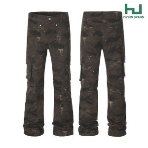 American Hip-Hop High Street Camuflage Spodnie, luźna prosta rurka, mikro róg, wiele kieszeni, umyte i zużyte dżinsowe spodnie dla mężczyzn i kobiet